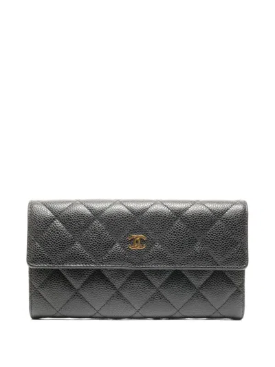 Pre-owned Chanel 2015-2016 Quilted Flap Wallet In Black