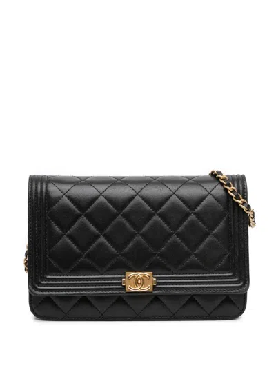 Pre-owned Chanel 2015-2016 Quilted Lambskin Boy Wallet On Chain Crossbody Bag In Black