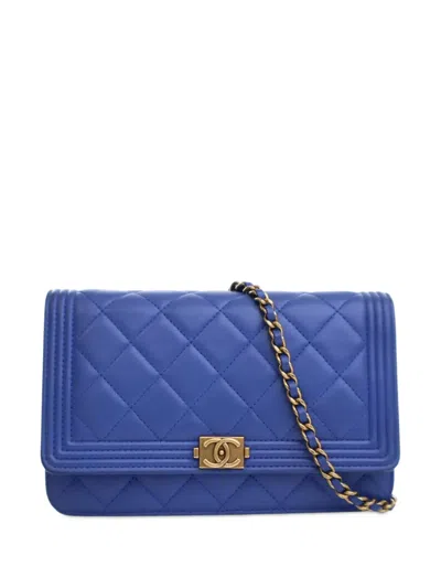 Pre-owned Chanel 2015-2016 Quilted Lambskin Boy Wallet On Chain Shoulder Bag In Blue