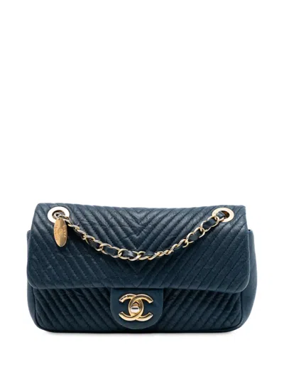 Pre-owned Chanel 2015-2016 Small Chevron Wrinkled Calfskin Medallion Charm Surpique Flap Shoulder Bag In Blue