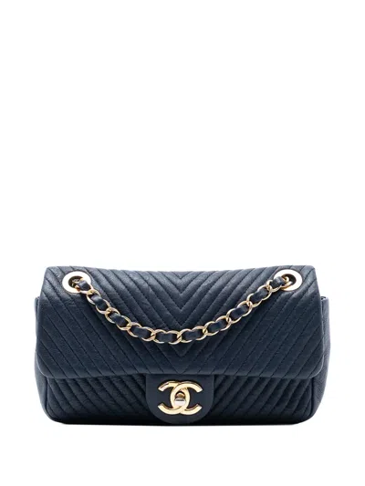 Pre-owned Chanel 2015-2016 Small Chevron Wrinkled Calfskin Medallion Charm Surpique Flap Shoulder Bag In Blue