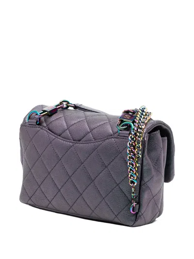 Pre-owned Chanel 2015-2016 Small Iridescent Goatskin Rainbow Hardware Double Carry Waist Chain Flap Satchel In Purple