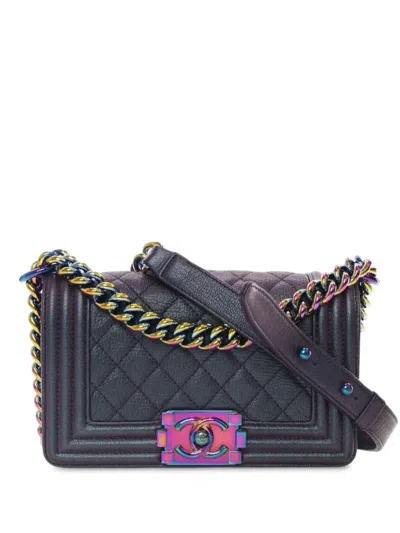 Pre-owned Chanel 2015-2016 Small Quilted Iridescent Goatskin Boy Flap Crossbody Bag In Purple