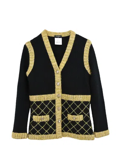 Pre-owned Chanel 2015 Camellia Button Cardigan In Black