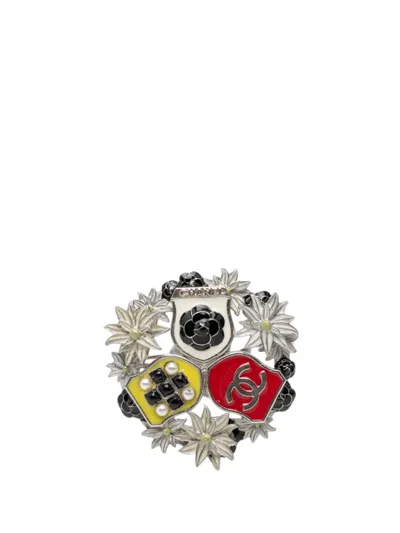 Pre-owned Chanel 2015 Cc Enamel And Brass Salzbur Camellia Shield Pin Brooch Costume Brooch In Silver