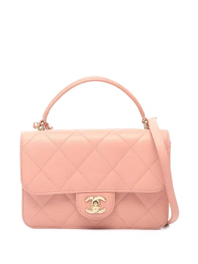 Pre-owned Chanel 2015 Cc Quilted Lambskin Top Handle Flap Satchel In Pink