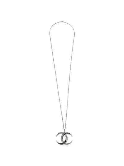 Pre-owned Chanel 2015 Cc Rhinestone Pendant Necklace In Silver