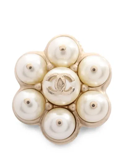 Pre-owned Chanel 2015 Coco Mark Faux-pearl Brooch In Gold