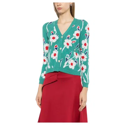 Pre-owned Chanel 2015 Floral Cashmere Knit Cardigan In Red