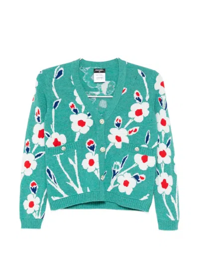 Pre-owned Chanel 2015 Floral-intarsia Cardigan In Blue