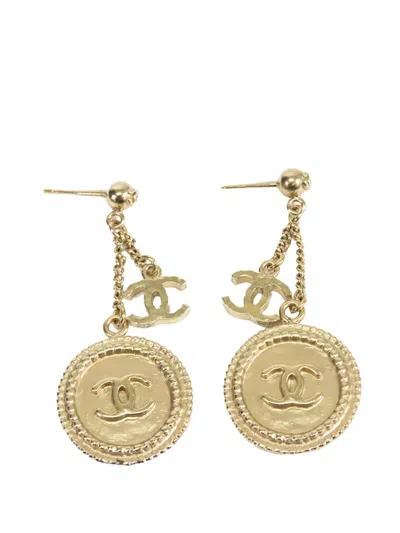 Pre-owned Chanel 2015 Gold Plated Cc Dangling Push Back Earrings Costume Earrings