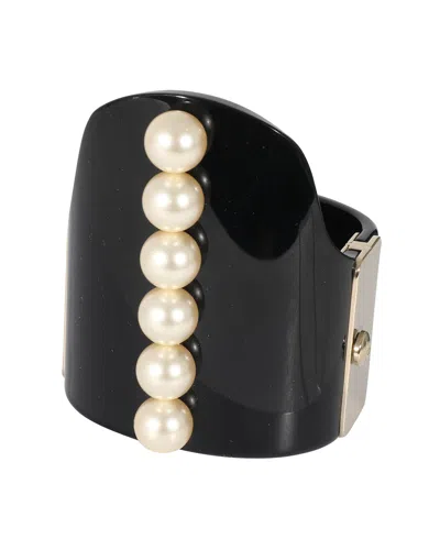 Pre-owned Chanel 2015 Gold Tone Resin Hinged Bangle Bracelet With Faux Pearls In Black