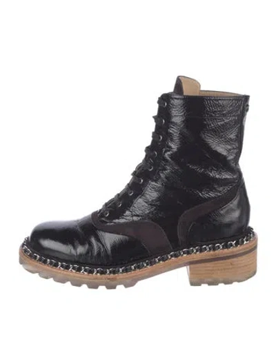 Pre-owned Chanel 2015 Interlocking Cc Logo Lace-up Boots In Black