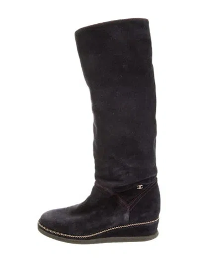 Pre-owned Chanel 2015 Interlocking Cc Logo Riding Boots In Blue