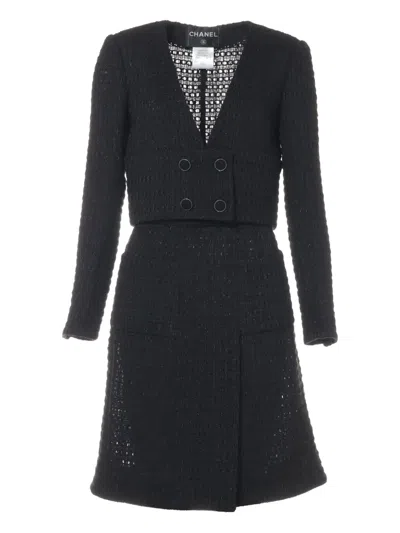 Pre-owned Chanel 2015 Metallic-tweed Suit In Black