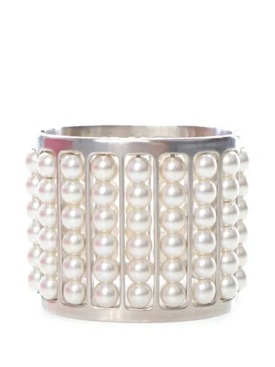 Pre-owned Chanel 2015 Silver Plated Wide Pearl Cuff Bracelet Costume Bracelet In White