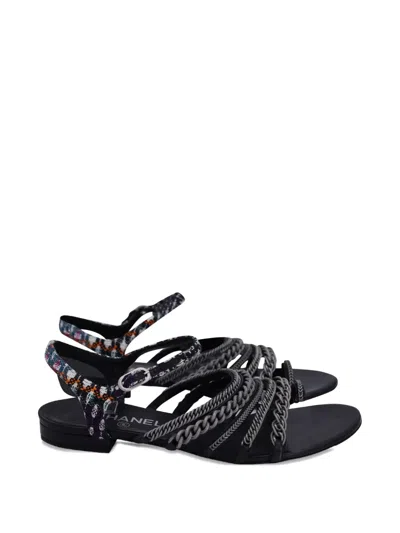 Pre-owned Chanel 2015 Tweed Chain-link Sandals In Black