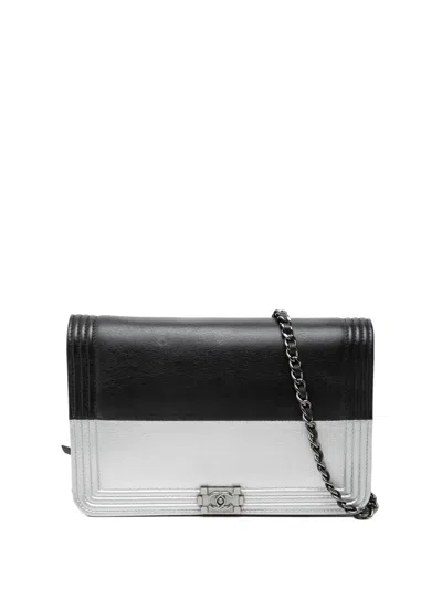 Pre-owned Chanel 2015-2016 Bicolor Calfskin Boy Wallet On Chain Crossbody Bag In Black