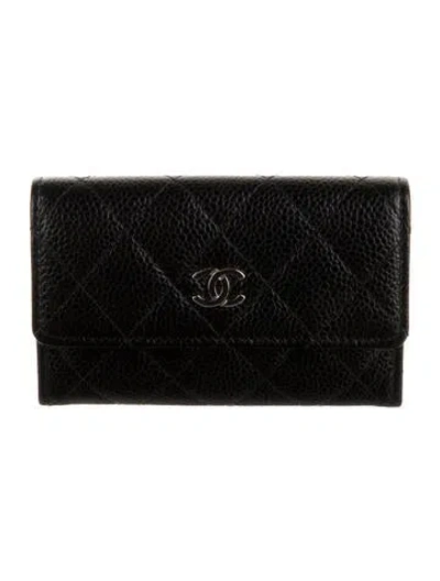 Pre-owned Chanel 2015-2016 Card Holder Flap Trifold Wallet In Black