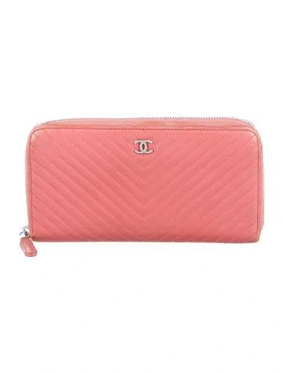 Pre-owned Chanel 2015-2016 Cc Chevron Zip Around Continental Wallet In Pink