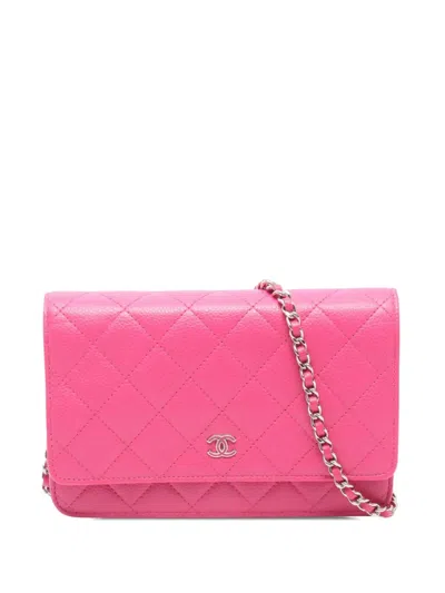 Pre-owned Chanel 2015-2016 Cc Quilted Caviar Wallet On Chain Crossbody Bag In Pink
