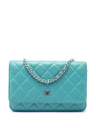 Pre-owned Chanel 2015-2016 Cc Quilted Lambskin Wallet On Chain Crossbody Bag In Blue