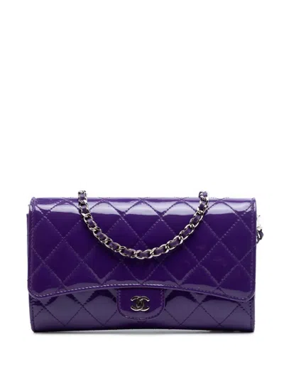 Pre-owned Chanel 2015-2016 Cc Quilted Patent Wallet On Chain Shoulder Bag In Purple