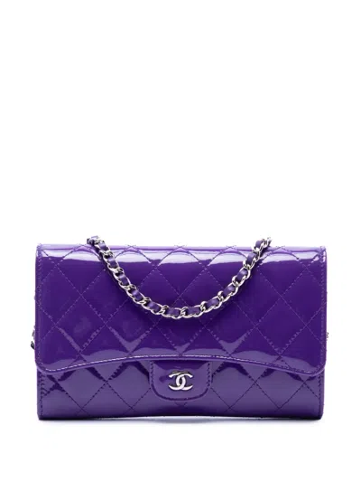 Pre-owned Chanel 2015-2016 Cc Quilted Patent Wallet On Chain Shoulder Bag In Purple