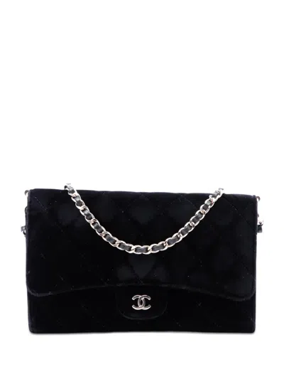 Pre-owned Chanel 2015-2016 Cc Quilted Velvet Wallet On Removable Chain Shoulder Bag In Black