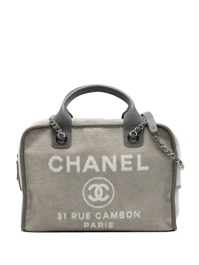 Pre-owned Chanel 2015-2016 Large Canvas Deauville Bowling Bag Satchel In Gray