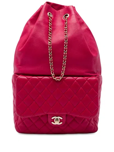 Pre-owned Chanel 2015-2016 Large Quilted Lambskin In Seoul Backpack In Red