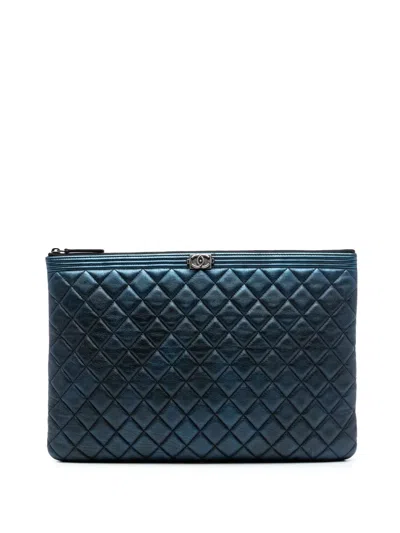 Pre-owned Chanel 2015-2016 Large Quilted Metallic Lambskin Boy O Case Clutch Bag In Blue