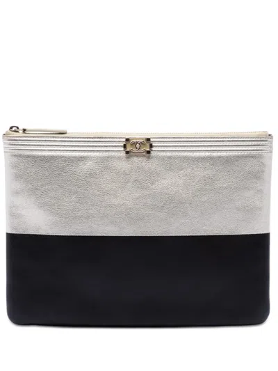 Pre-owned Chanel 2015-2016 Medium Bicolor Goatskin Boy O Case Clutch Bag In Black