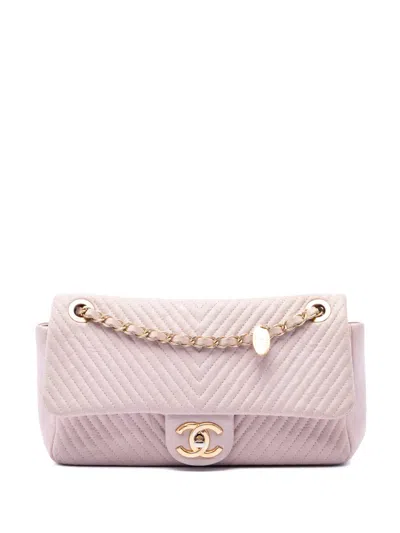 Pre-owned Chanel 2015-2016 Medium Chevron Wrinkled Calfskin Medallion Charm Flap Shoulder Bag In Pink