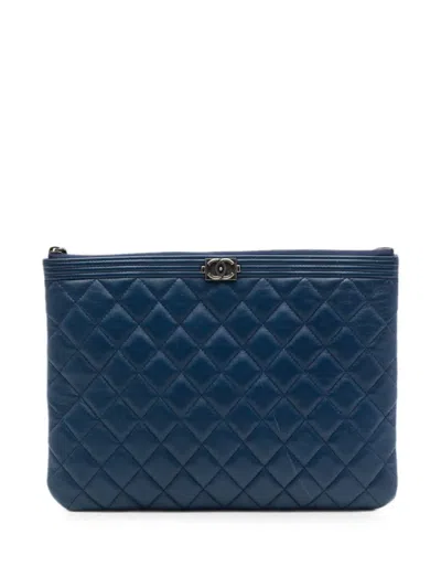 Pre-owned Chanel 2015-2016 Medium Quilted Lambskin Boy O Case Clutch Bag In Blue