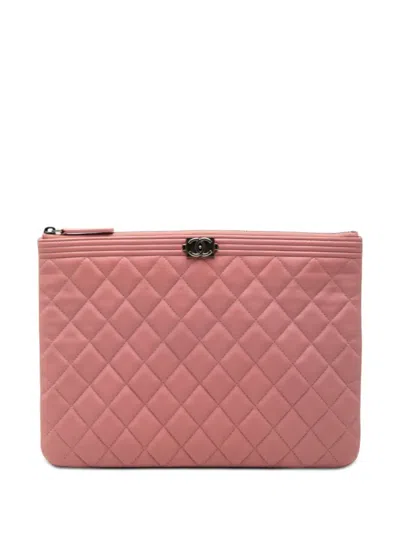 Pre-owned Chanel 2015-2016 Medium Quilted Lambskin Boy O Case Clutch Bag In Pink