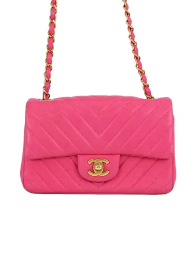 Pre-owned Chanel 2015-2016 Mini Rectangular Classic Chevron Lambskin Single Flap Crossbody Bag In Pink