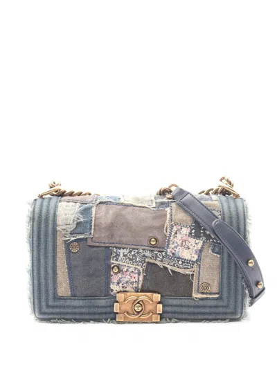 Pre-owned Chanel 2015-2016 Old Medium Patchwork Denim Boy Flap Crossbody Bag In Blue