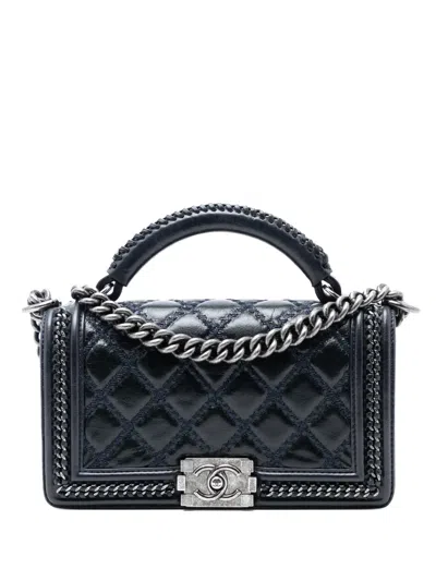 Pre-owned Chanel 2015-2016 Old Medium Quilted Calfskin Whipstitch Chain Around Boy Top Handle Flap Satchel In Blue
