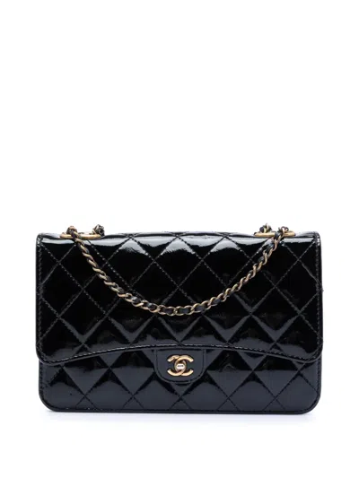 Pre-owned Chanel 2015-2016 Patent Cc Eyelet Wallet On Chain Crossbody Bag In Black