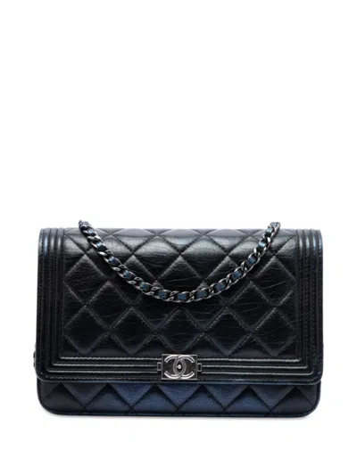 Pre-owned Chanel 2015-2016 Quilted Aged Calfskin Boy Wallet On Chain Crossbody Bag In Black