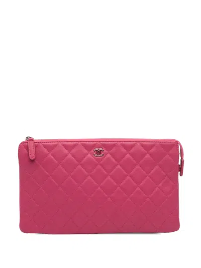Pre-owned Chanel 2015-2016 Quilted Caviar Cc Enamel Double Zip Clutch Bag In Pink
