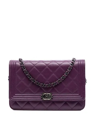 Pre-owned Chanel 2015-2016 Quilted Lambskin Boy Wallet On Chain Crossbody Bag In Purple