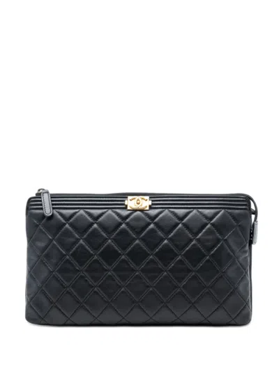 Pre-owned Chanel 2015-2016 Quilted Lambskin Boy Zip Clutch Bag In Black