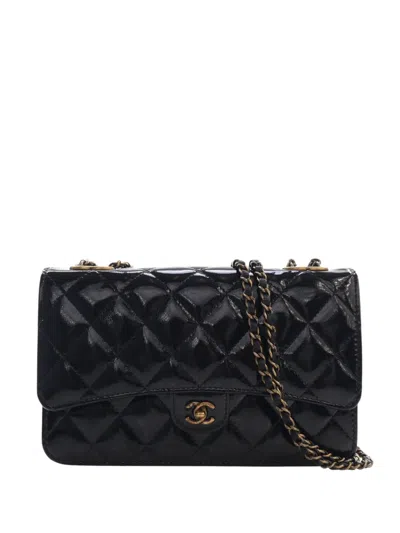 Pre-owned Chanel 2015-2016 Quilted Patent And Goatskin Cc Eyelet Wallet On Chain Crossbody Bag In Black