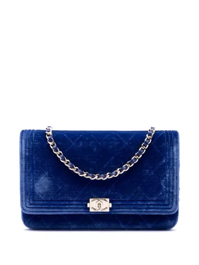 Pre-owned Chanel 2015-2016 Quilted Velvet Boy Wallet On Chain Crossbody Bag In Blue