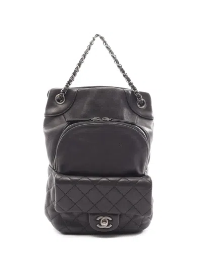 Pre-owned Chanel 2015-2016 Small Cc Calfskin Drawstring Flap Backpack In Black