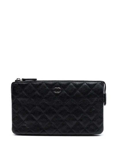 Pre-owned Chanel 2015-2016 Small Cc Quilted Caviar Zip Pouch Clutch Bag In Black