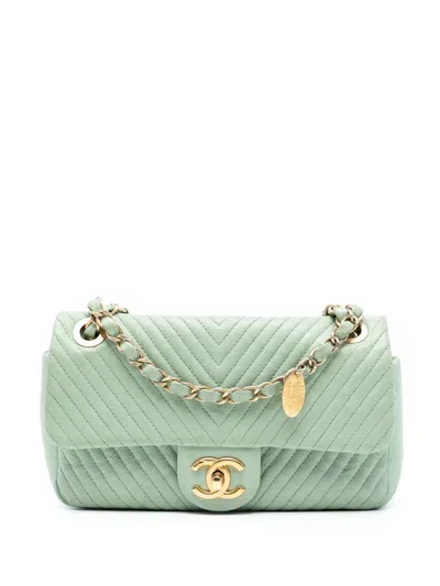 Pre-owned Chanel 2015-2016 Small Chevron Wrinkled Calfskin Medallion Charm Surpique Flap Shoulder Bag In Green