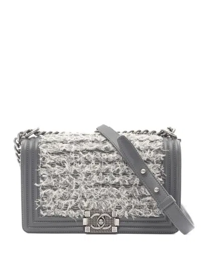 Pre-owned Chanel 2016-2017 Boy Tweed Shoulder Bag In Gray